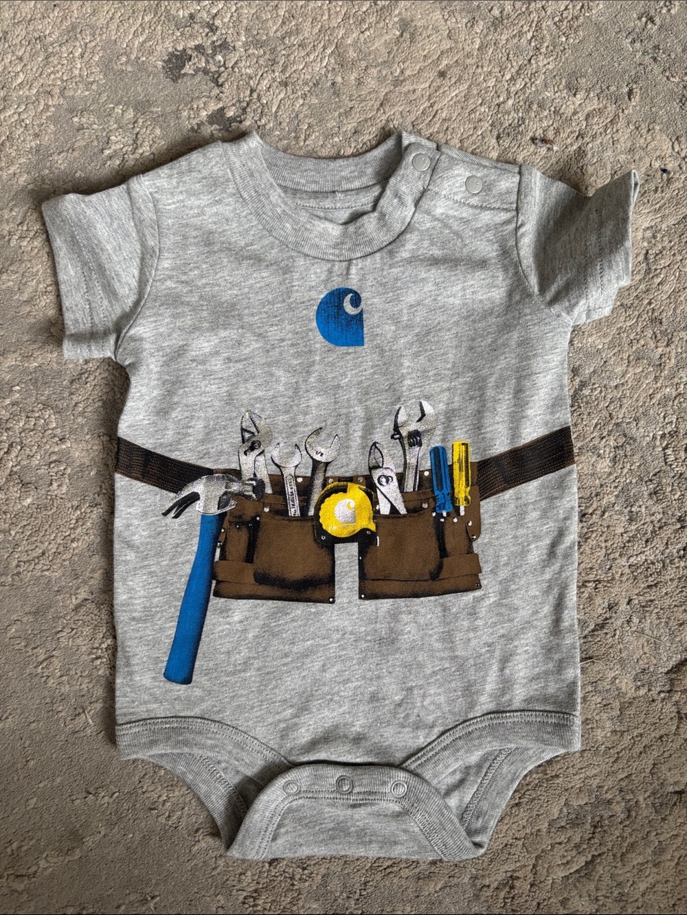Carhartt Grey Baby Onesie with Tool Belt and Bright Tool Accents